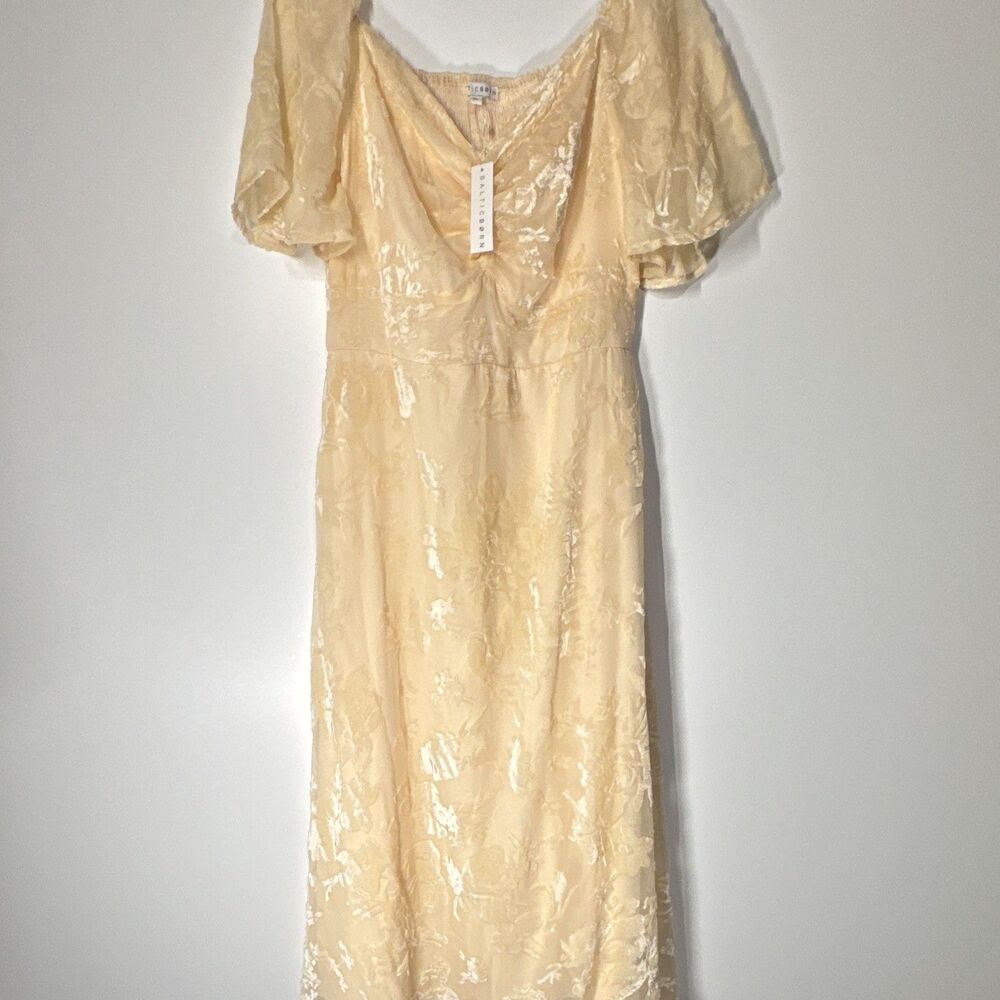 Baltic Born Beige Floral Velvet Smocked Maxi Dress V-Neck Puff Sleeve XL